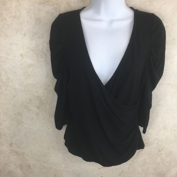 Kenneth Cole Black Faux-Wrap Top with Ruched Sleeves and Front Women's Size S - Picture 1 of 16